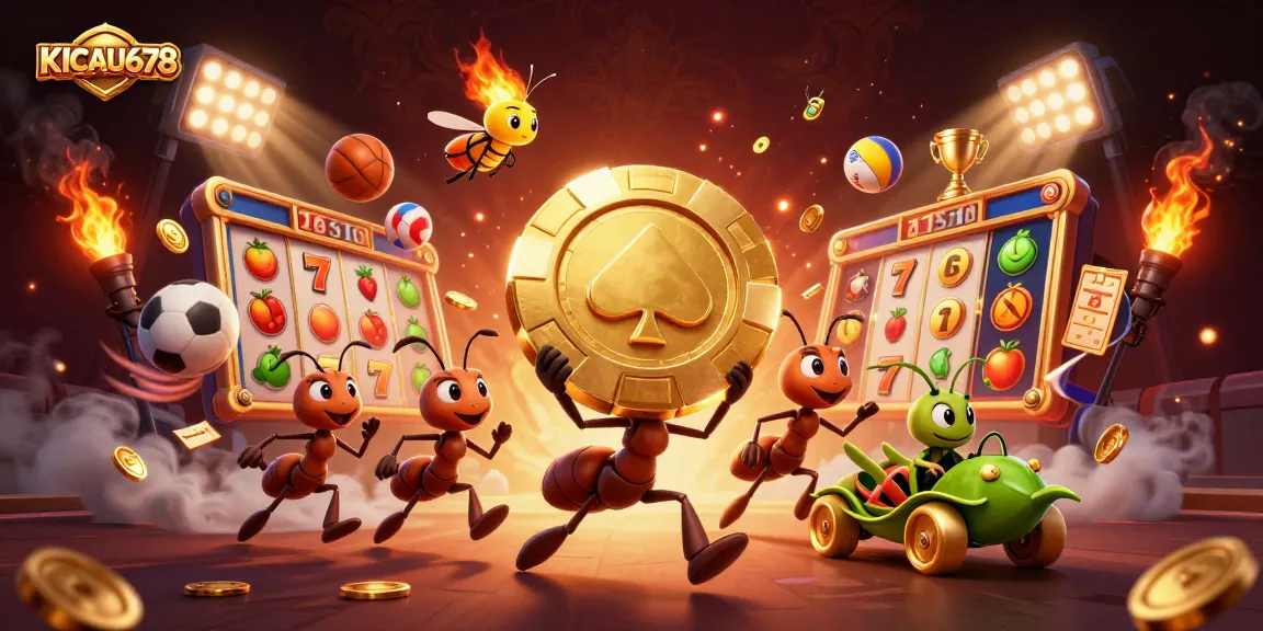 KICAU678 illustrates a fun scene of ants heisting a golden poker chip while surrounded by vibrant slot game elements.