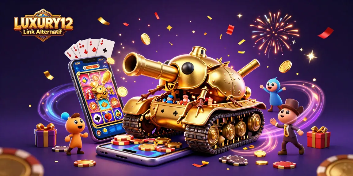 Menghadirkan LUXURY12 Link Alternatif, merayakan kemenangan dengan kasino mini dan simbol permainan yang berwarna-warni.