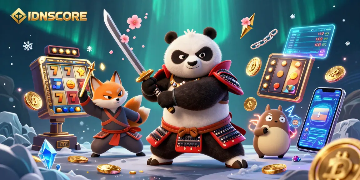 Experience IDNSCORE's thrilling slot action with a dynamic samurai panda and ninja fox illustration.