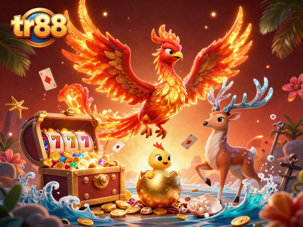 Experience tr88's vibrant gaming scene with a phoenix and treasures in a dynamic casino atmosphere.