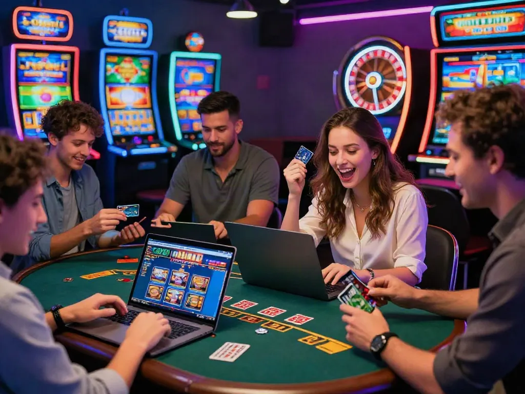 Engaging online credit card casinos scene with players enjoying games on devices and vibrant casino elements.