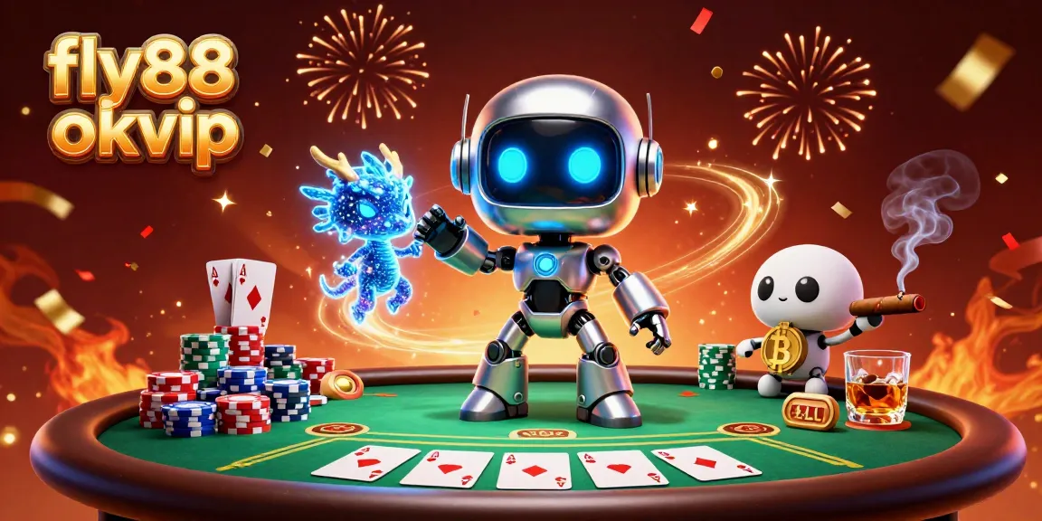 Engage with fly88 okvip for an electrifying casino experience; a vibrant illustration of casino elements surrounds a playful cyberpunk character.