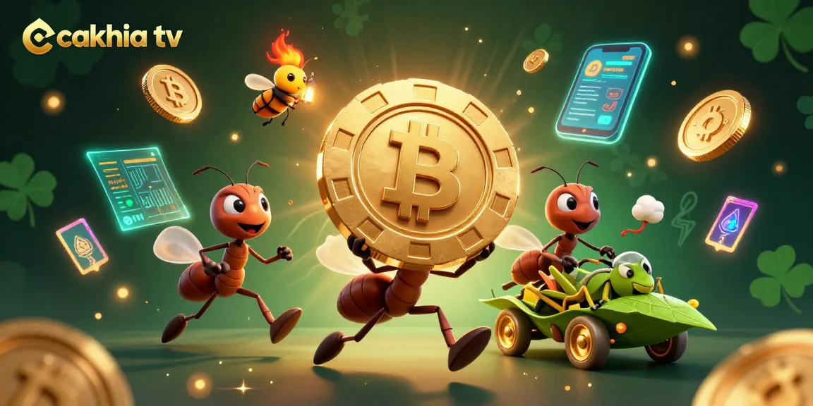 Cakhia tv showcases a vibrant heist with ants stealing a giant poker chip in a digital casino scene.