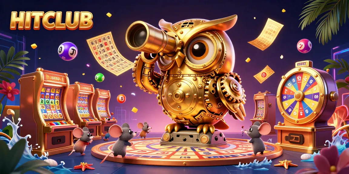 Engage in dynamic gaming action with HITCLUB's vibrant casino environment, featuring an intriguing golden owl and lively slots.