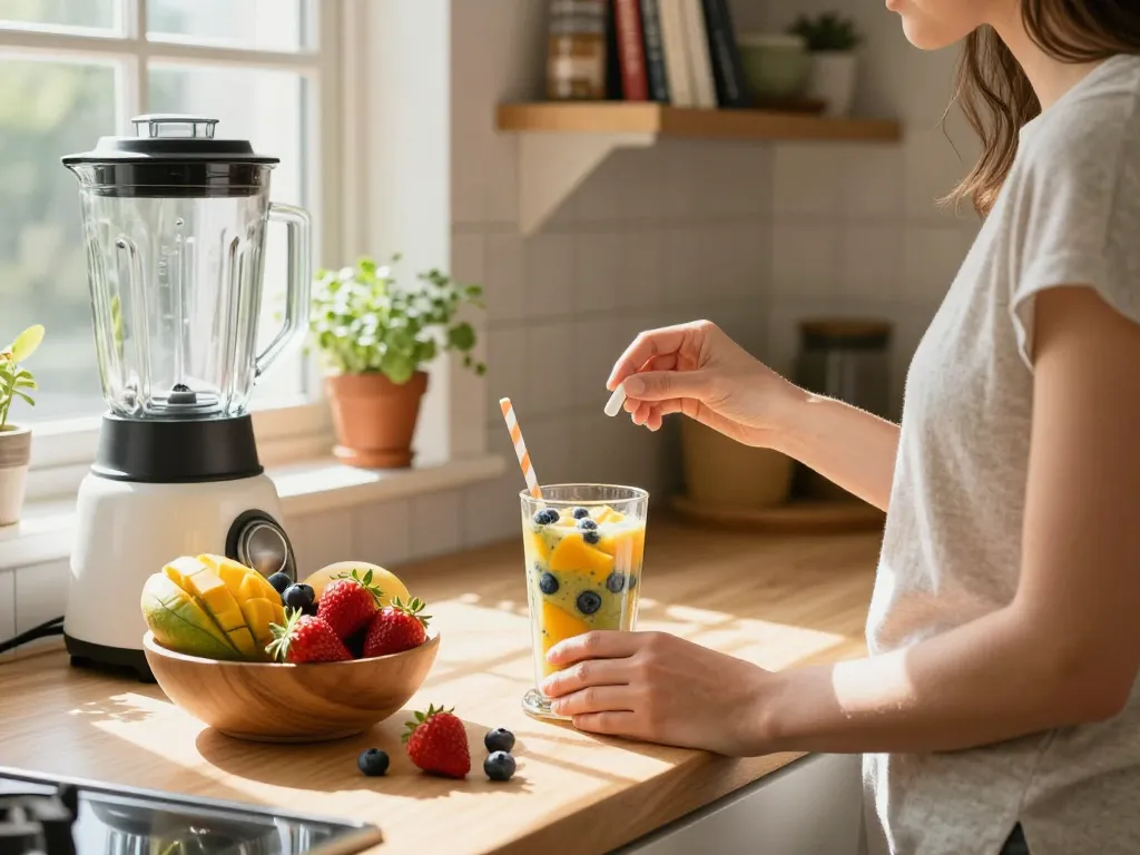 Xuno Mega 700mg tablet being enjoyed in a bright kitchen with fresh fruit.