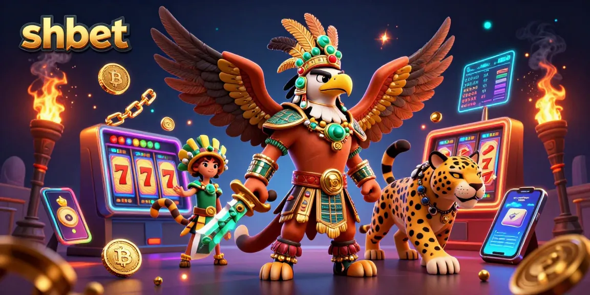 Engage with shbet's exciting slots featuring an Aztec warrior and vibrant digital elements.