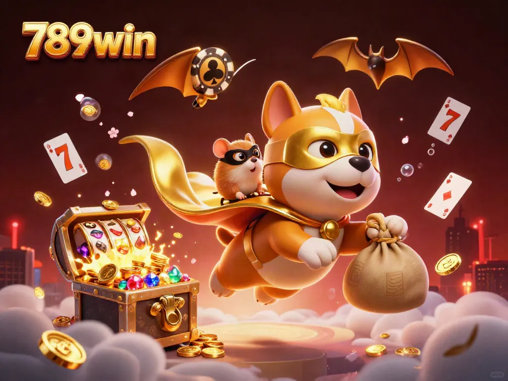 Immerse in the action with 789win's superhero dog collecting gold coins, set in a vibrantly detailed casino scene.