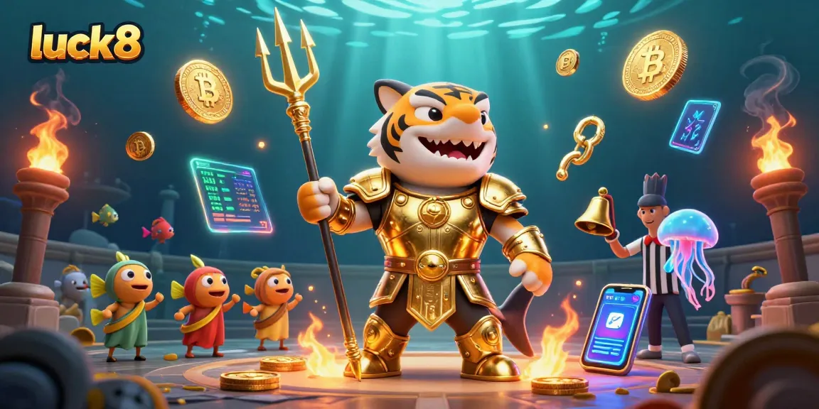 Experience the excitement of luck8 with a dynamic underwater casino scene featuring a tiger shark and crypto elements.
