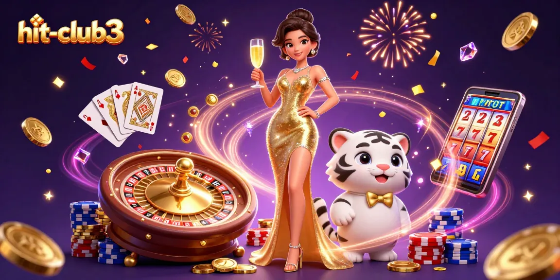 Win big with hit-club3 at a glamorous casino, featuring a lucky tiger and dazzling gold!
