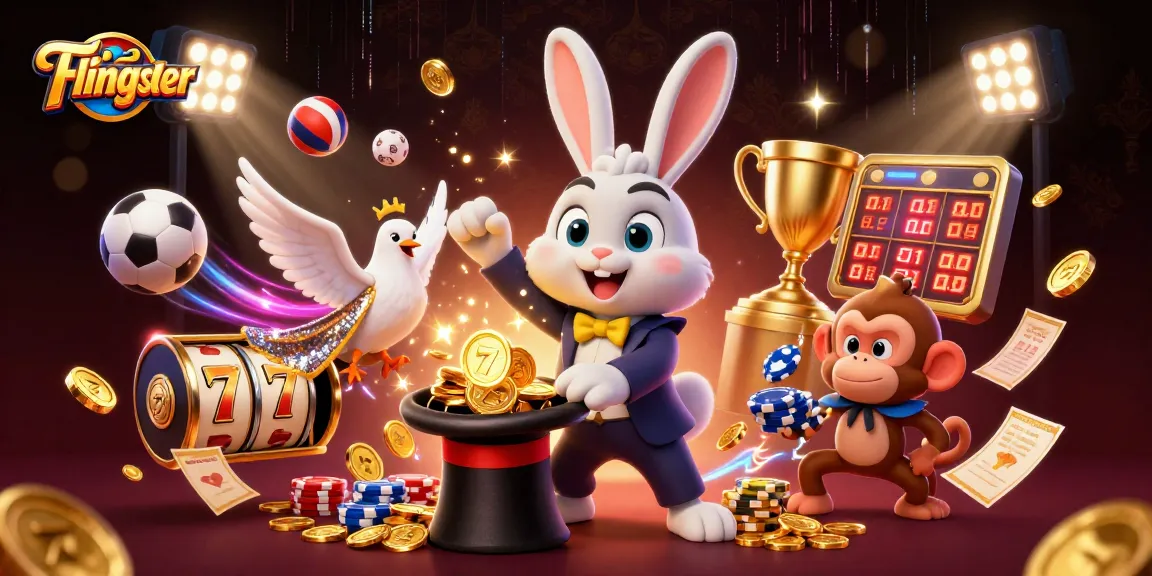 Flingster brings thrilling casino action with a magician and monkey amidst sparkling gold coins.