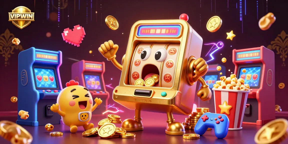 VIPWIN slot machine wins big as coins cascade while a popcorn machine cheers on in a vibrant casino scene.