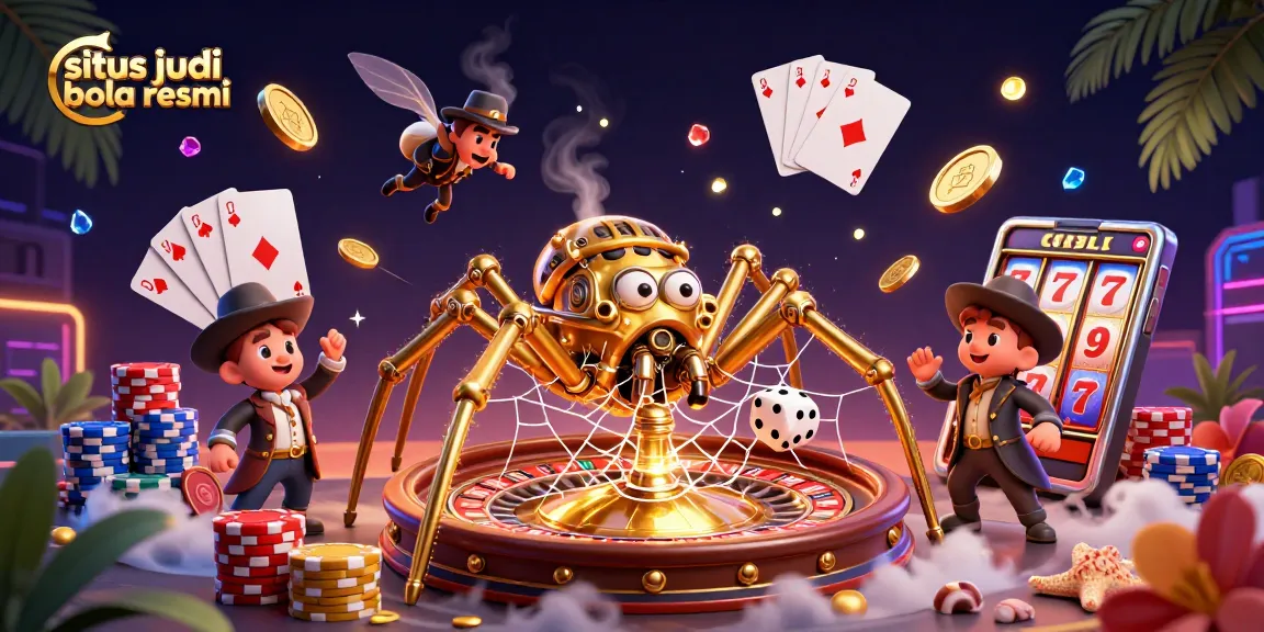 Experience situs judi bola resmi with a vibrant 3D illustration of a steampunk spider and fly gentleman immersed in casino elements.