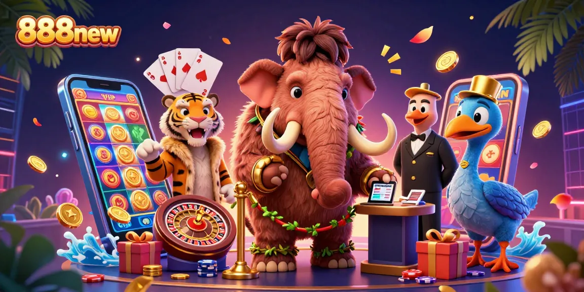 Experience thrilling gaming action at 888new with vibrant slot games and dynamic casino characters.