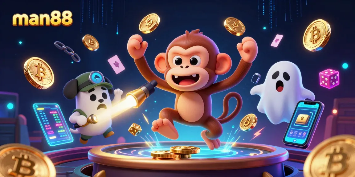 Engage in thrilling gameplay with man88's vibrant 3D casino scene featuring animated characters and crypto elements.