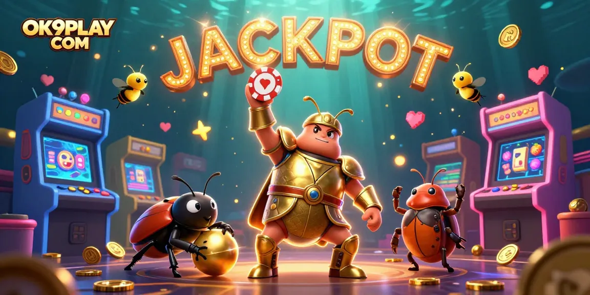 Experience excitement at OK9PLAY COM with a thrilling casino scene featuring heroic insects and gaming elements.