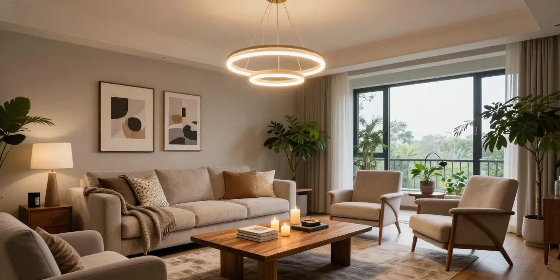 Candelabru elegant suspendat în living modern, cu atmosferă primitoare.