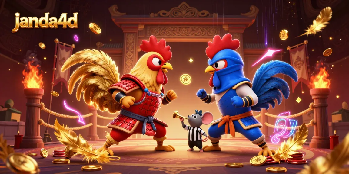 janda4d memperlihatkan dua ayam bertarung berjubah, dikelilingi efek koin dan bendera dalam arena bertarung.