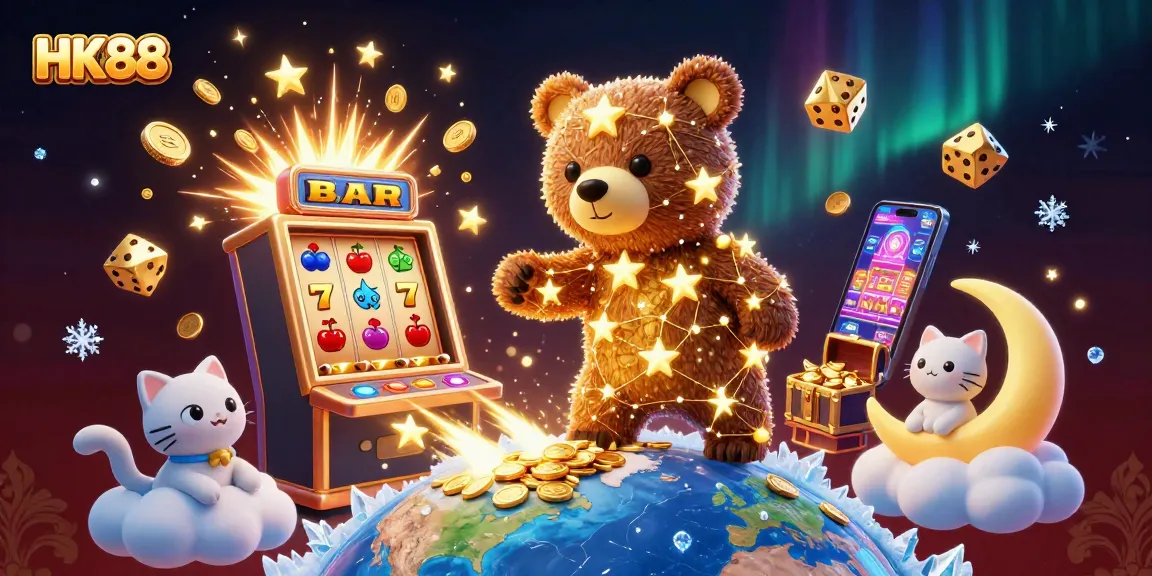 Experience excitement with HK88's vibrant 3D illustration of jackpots and lucky games.
