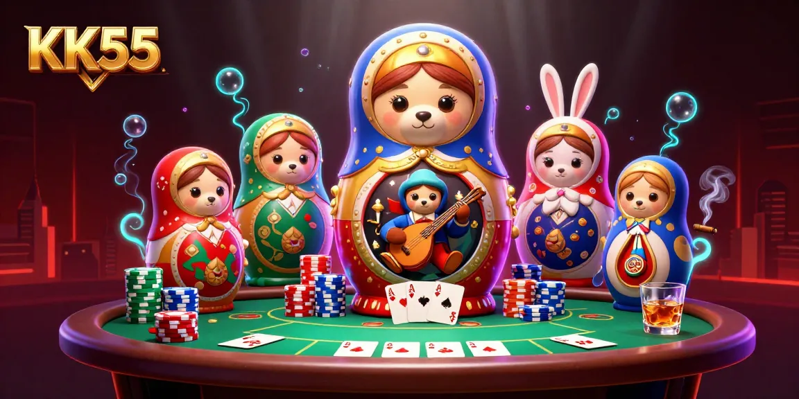 Experience exciting online gaming at KK55 with colorful poker elements in a vibrant casino setting.