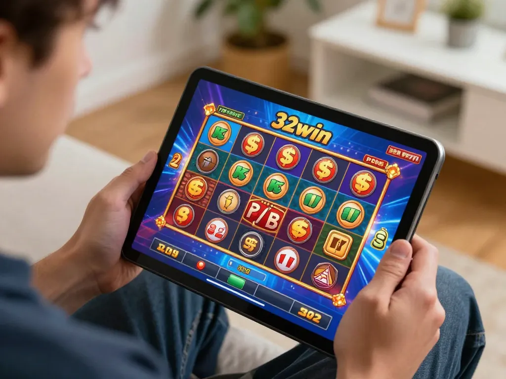 Player enjoying an exciting 32win slot game on tablet during an engaging home gambling session.