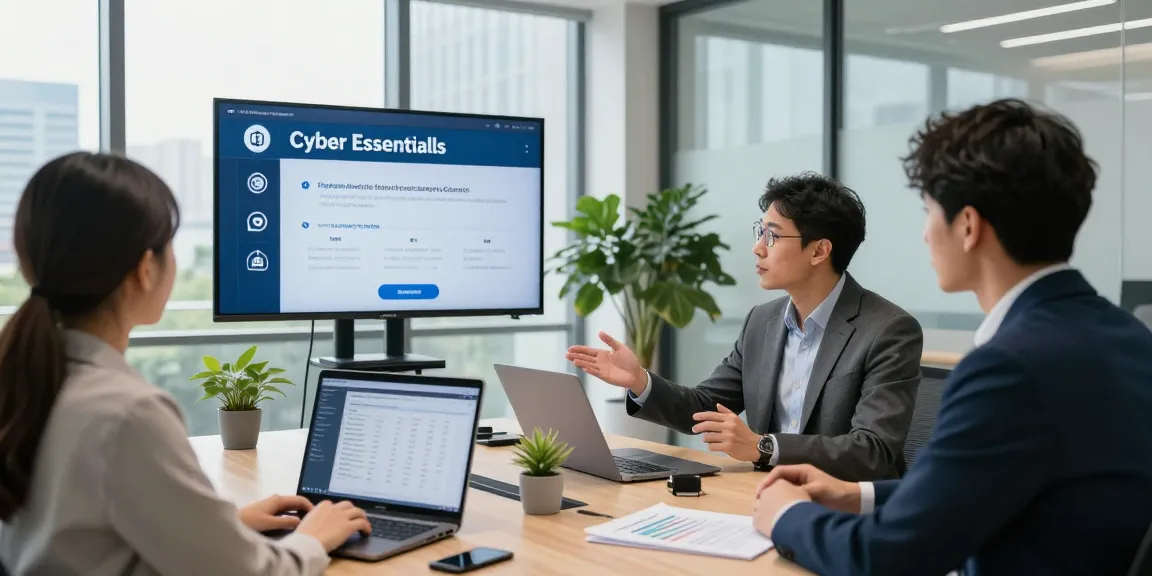 Informative meeting on cyber essentials cost for small business certification in modern office setting