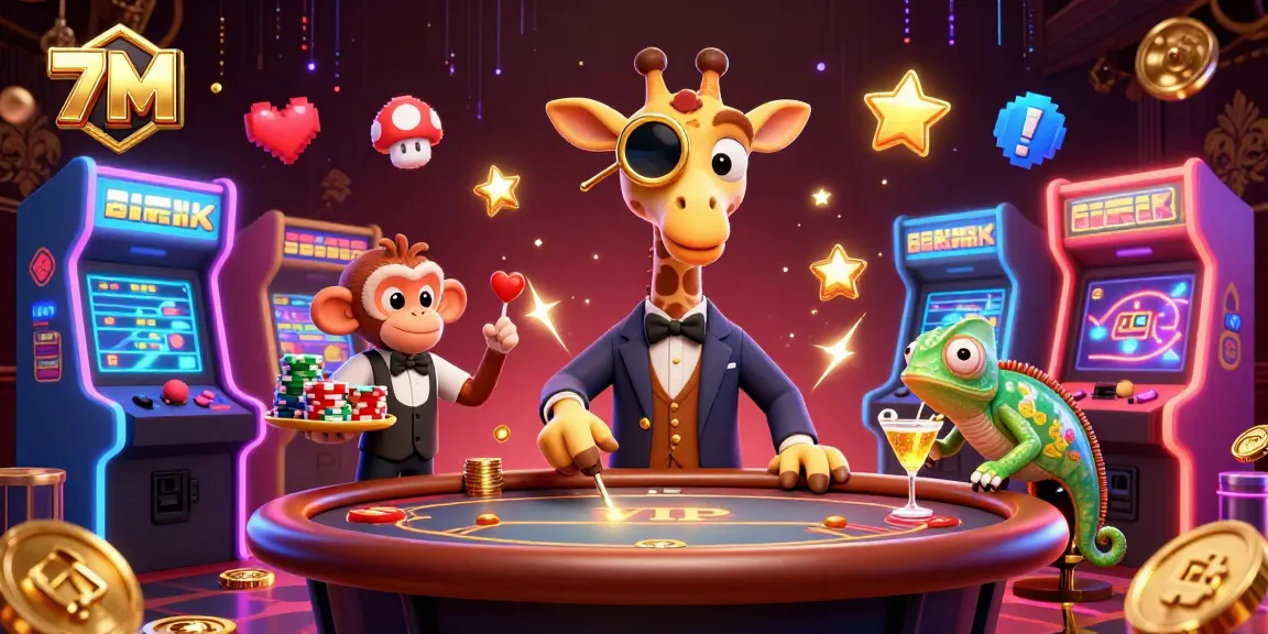 Experience 7M's thrilling gaming scene with a high-roller giraffe and vibrant casino elements.