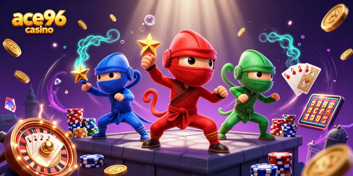 Experience the thrill at ace96 casino with vibrant 3D ninja chameleons performing under a dazzling display.