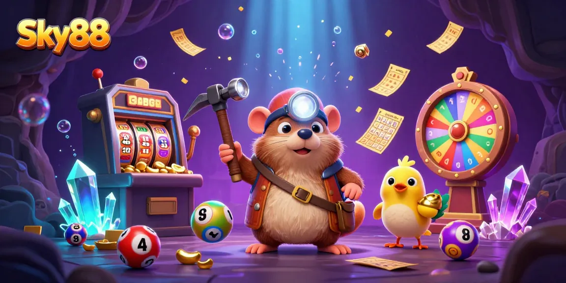 Experience the excitement of Sky88 with a cartoon mole treasure hunting amidst casino riches.