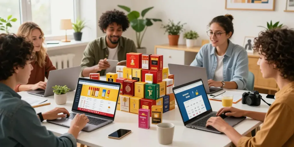 Engaged adults exploring wholesale cigarette online options in a cozy home office.