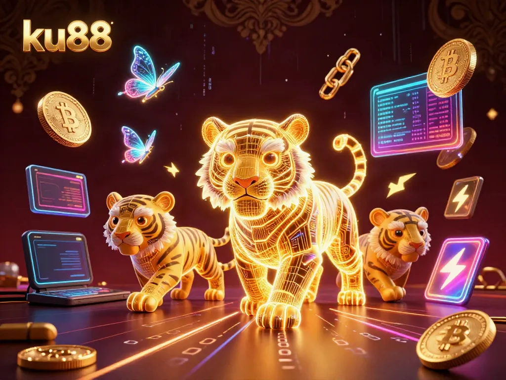 Experience thrilling wins at ku88 with a neon-wireframe tiger and financial themes in a rich digital casino.