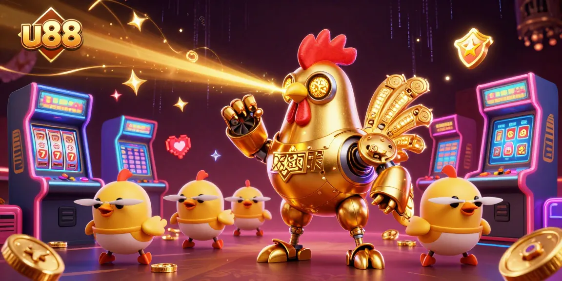 Experience gaming excitement at u88 with a vibrant 3D digital scene featuring a golden rooster robot and arcade machines.