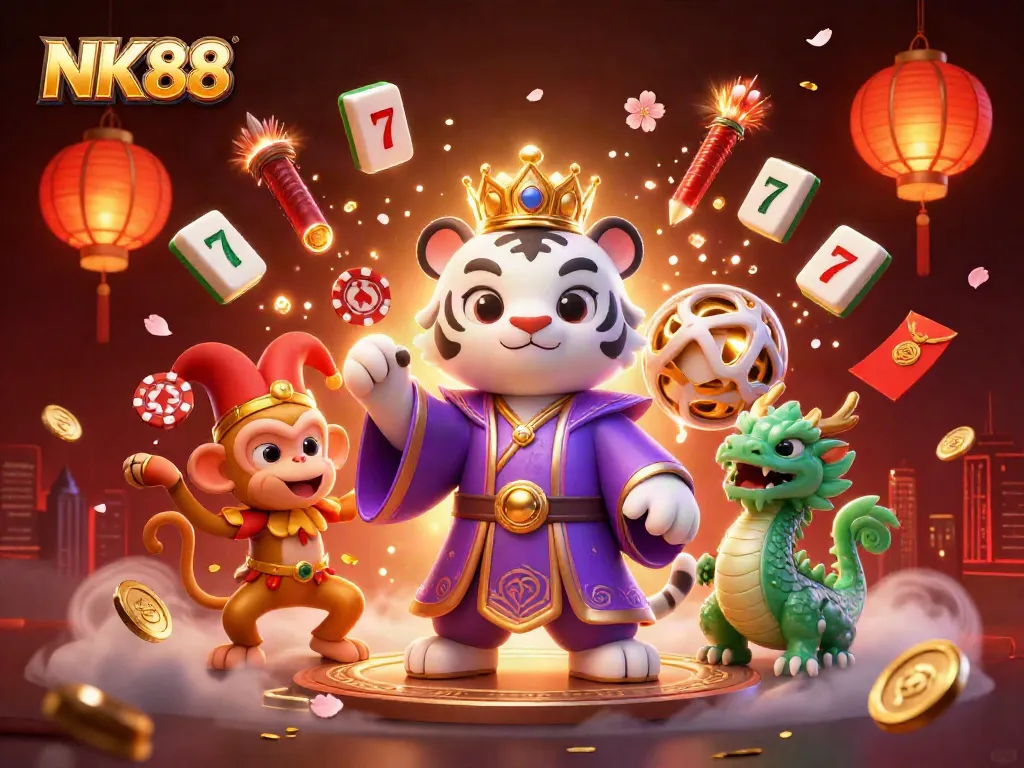 Engage with NK88's dynamic casino scene featuring iconic characters and vibrant gaming elements.