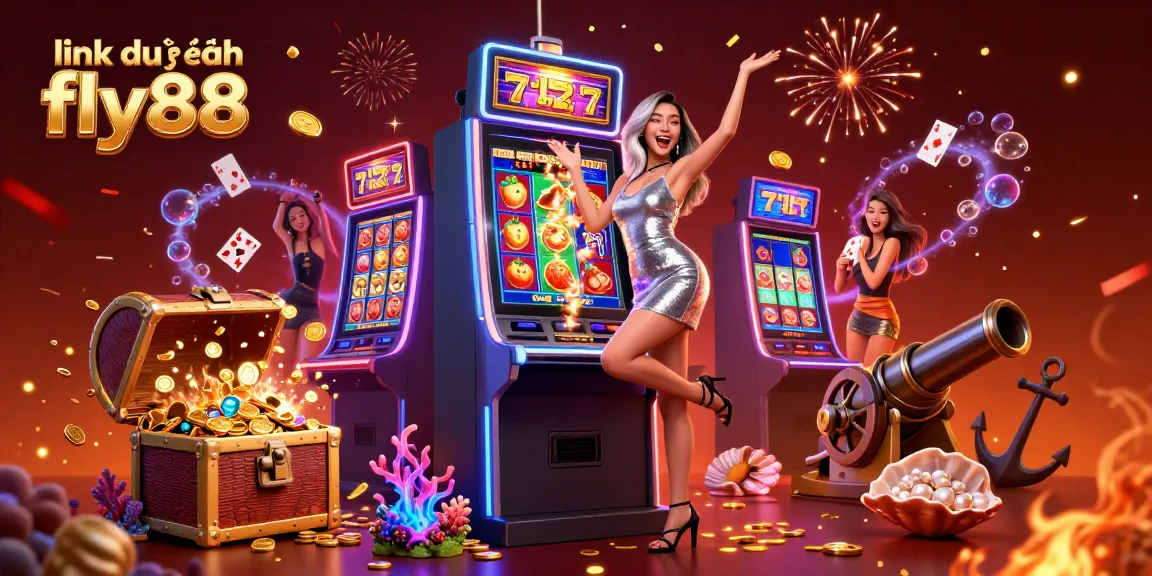 Experience thrilling wins with link dự phòng fly88 illustrated as a joyful Asian woman celebrates beside a jackpot slot machine.