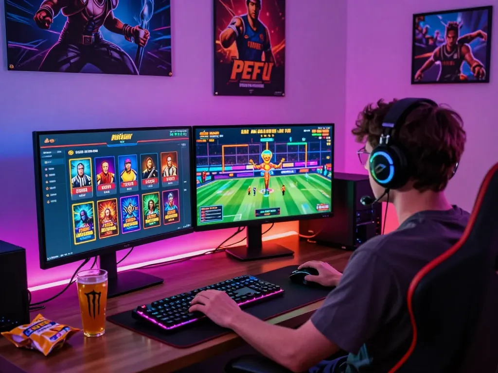 Engaging online gaming setup showcasing 399W platform with vibrant graphics and gaming gear.