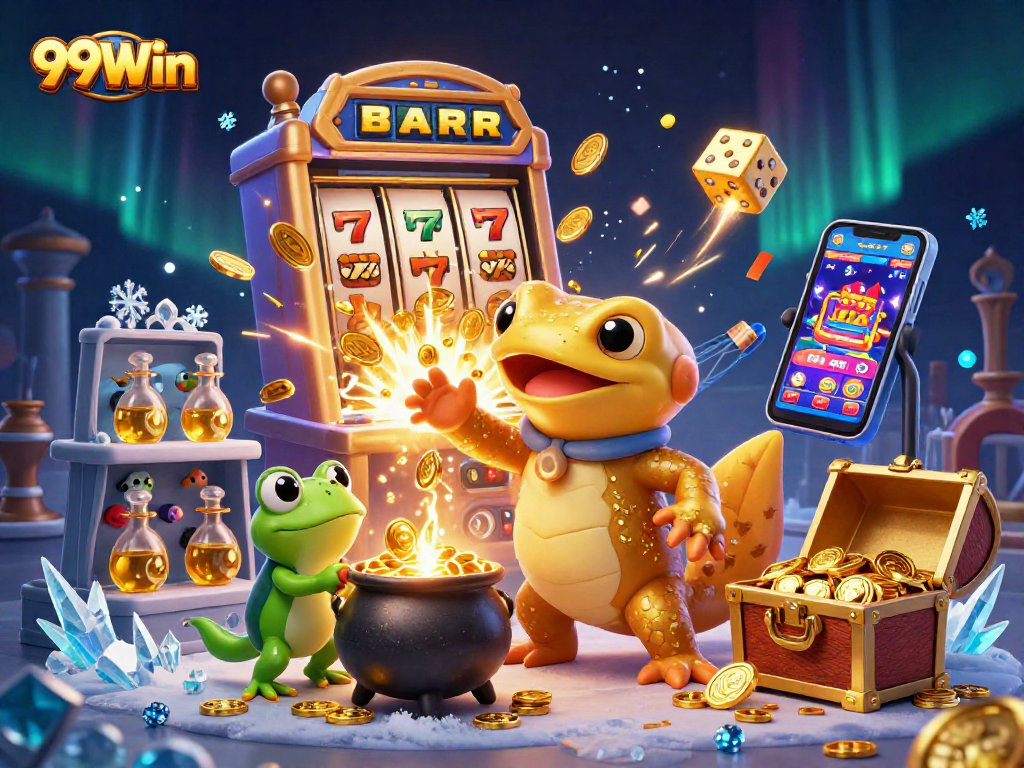 Experience the thrill of 99Win with vibrant casino games and golden rewards in a dynamic 3D scene.