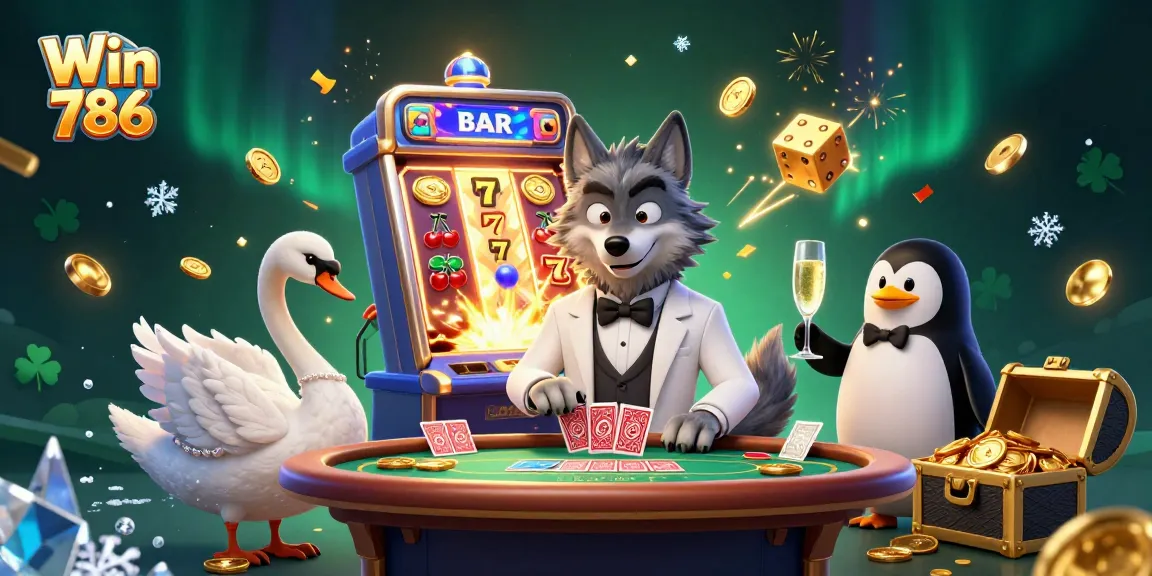 Engage with thrilling gameplay at Win 786 featuring a debonair wolf, elegant swan, and sophisticated penguin.