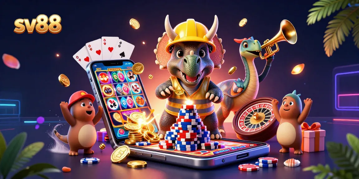 sv88 celebrates with a triceratops and parasaurolophus building poker chip pyramid in exciting casino scene.