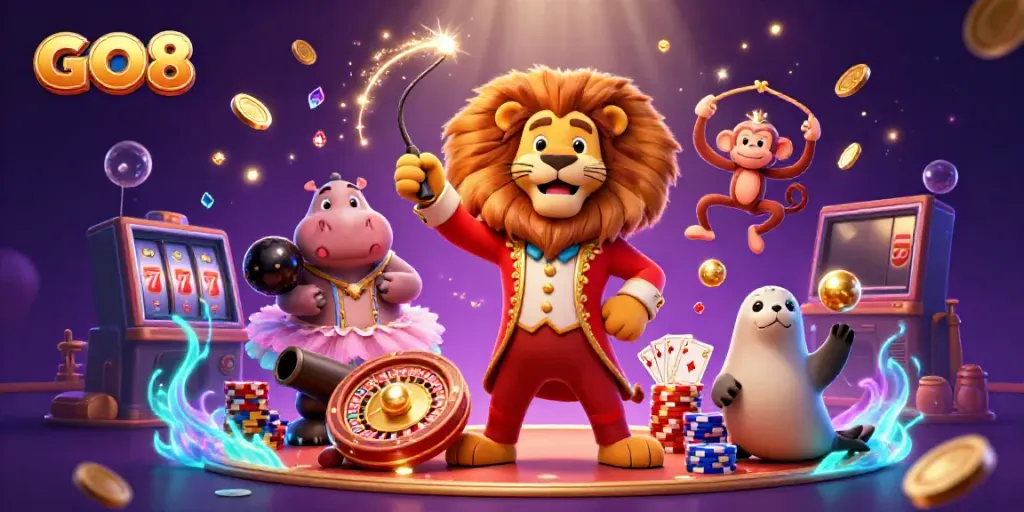 GO8 casino scene with a vibrant circus theme featuring animated characters and casino elements.