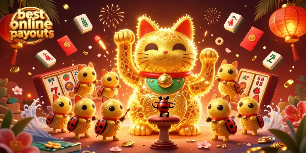 The best online casino payouts are illustrated through a whimsical 3D scene featuring a golden lucky cat and vibrant casino symbols.