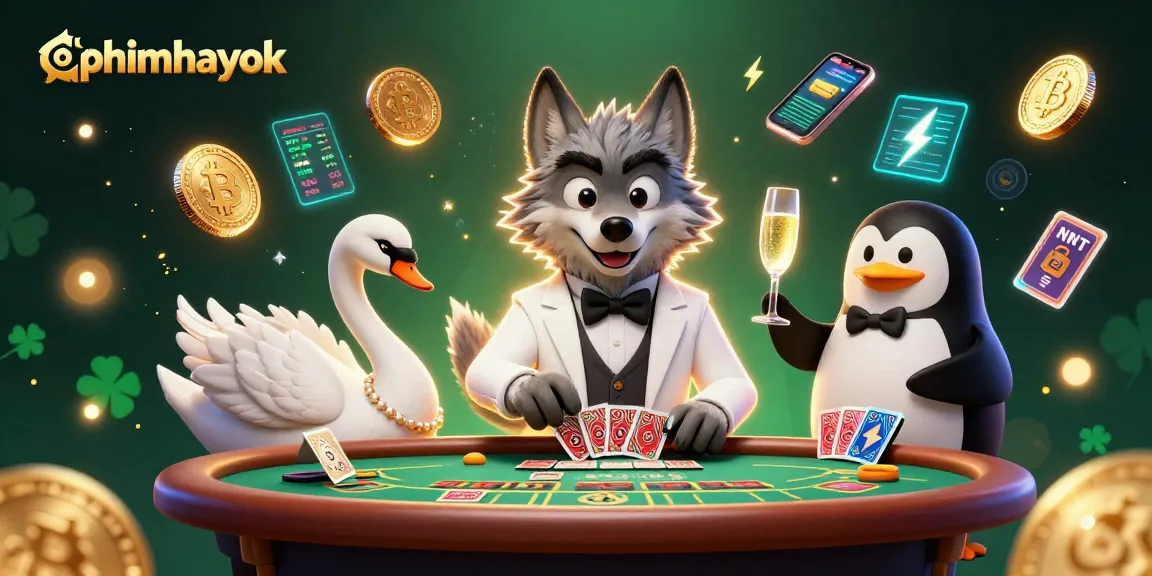 Engage with phimhayok's vibrant casino scene featuring a stylish wolf, elegant swan, and a penguin sommelier.