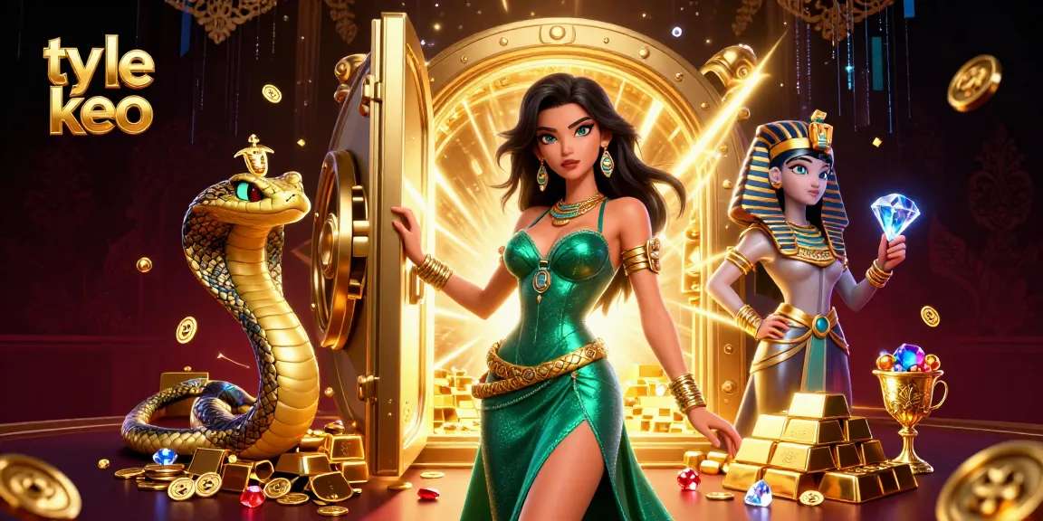 Experience the thrill of ty le keo with a stunning casino scene, featuring a glamorous woman and golden cobra amid shimmering treasures.