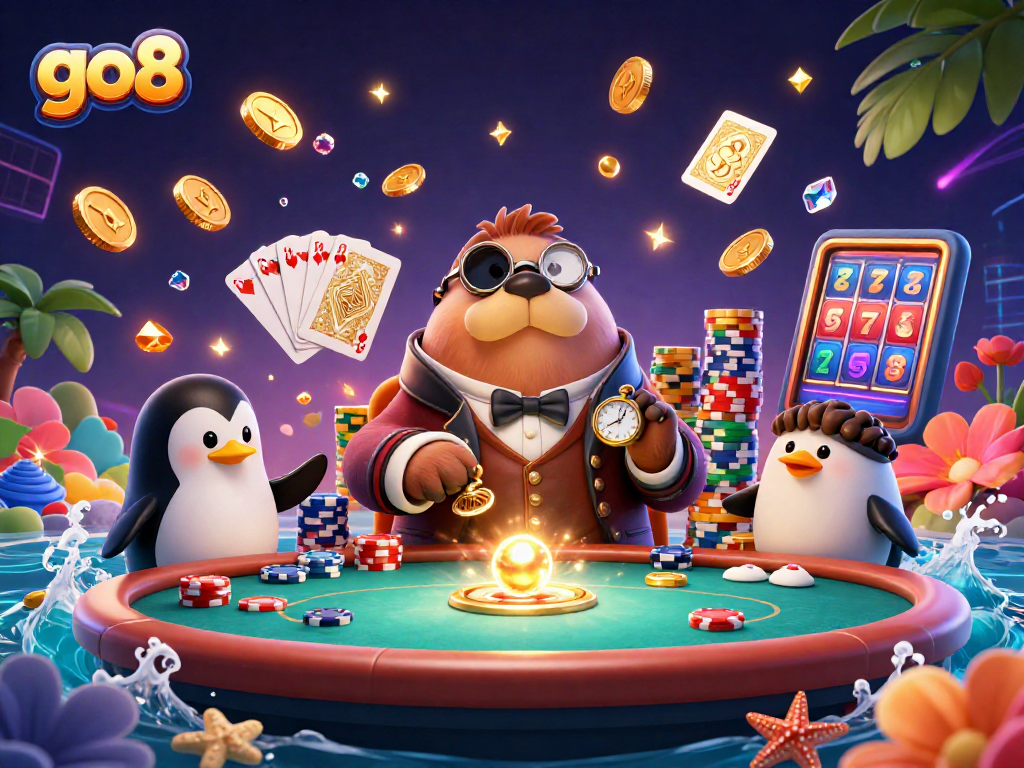 Engage in thrilling gameplay at go8 with a walrus, penguin dealer, and pufferfish player.