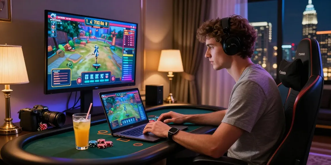 Exciting gaming scene with iwin logo on screen, stylish player engaged in online casino gaming.