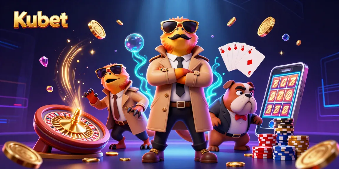 Kubet raptors humorously impersonate a VIP customer at a casino, surrounded by animated gaming elements.