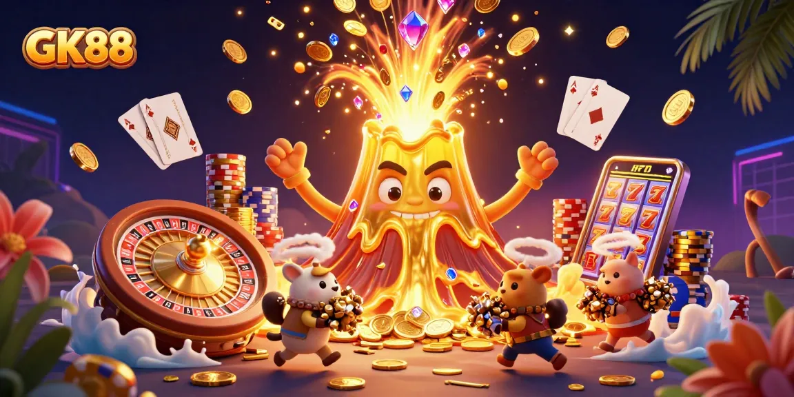GK88 showcases a golden volcano erupting coins, gems, and treasures in a vibrant casino scene.