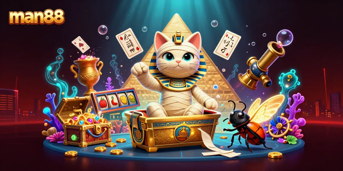 Experience thrills at man88's vibrant casino with a cat and scarab in dynamic scene.