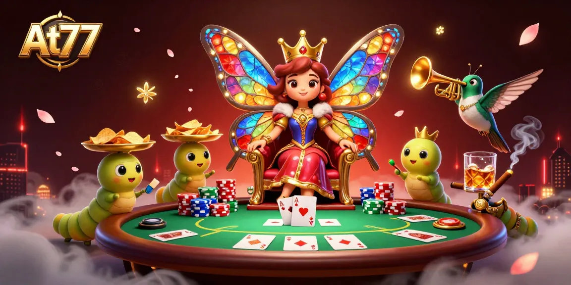 Experience the thrilling world of At77 with a vibrant casino scene featuring a butterfly queen ruling over poker games.