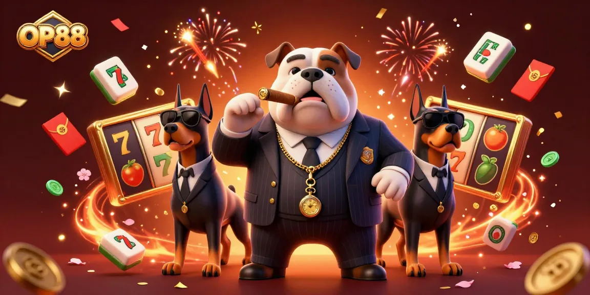 Experience excitement at OP88 with a vibrant illustration showcasing a 3D mafia dog and dynamic slot games.