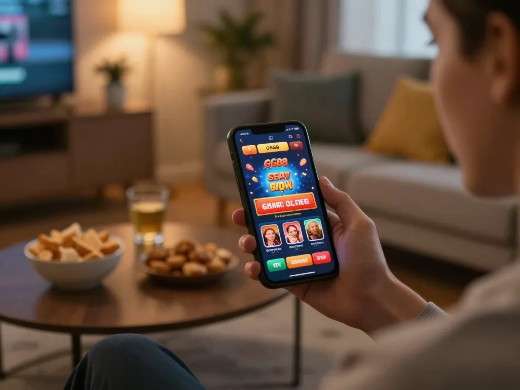 Engaged user exploring the GG88 casino app on a smartphone in a cozy home setup.
