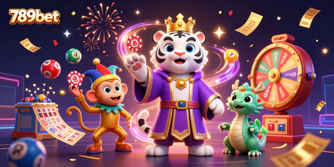 Experience the excitement of 789bet with vibrant lottery balls and characters in a dynamic casino scene.